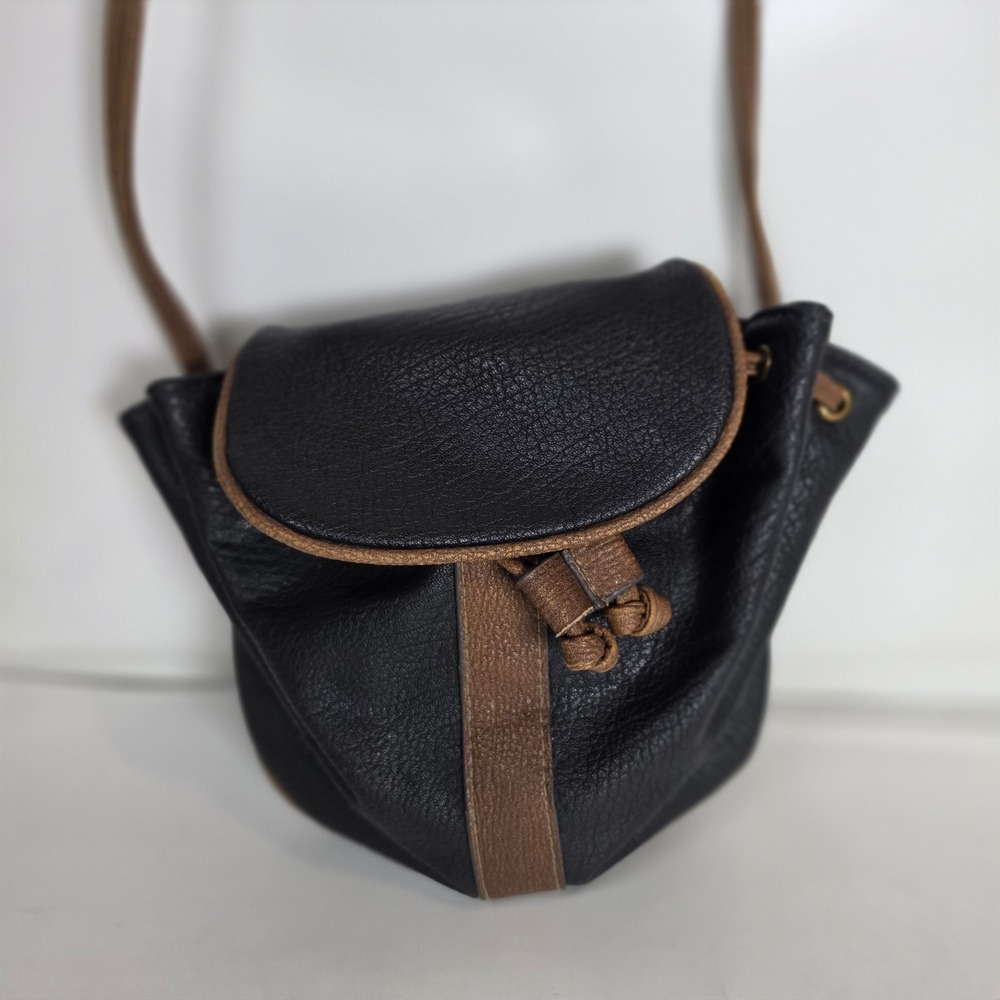 Vintage Joe Boxer Crossbody Bag Black Faux Leather Small Bucket Purse Drawstring
